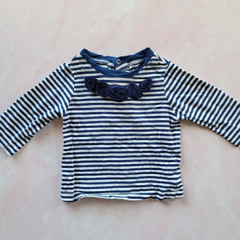Childrens place 3-6 month 100% cotton striped 3d floral navy blue white long sle